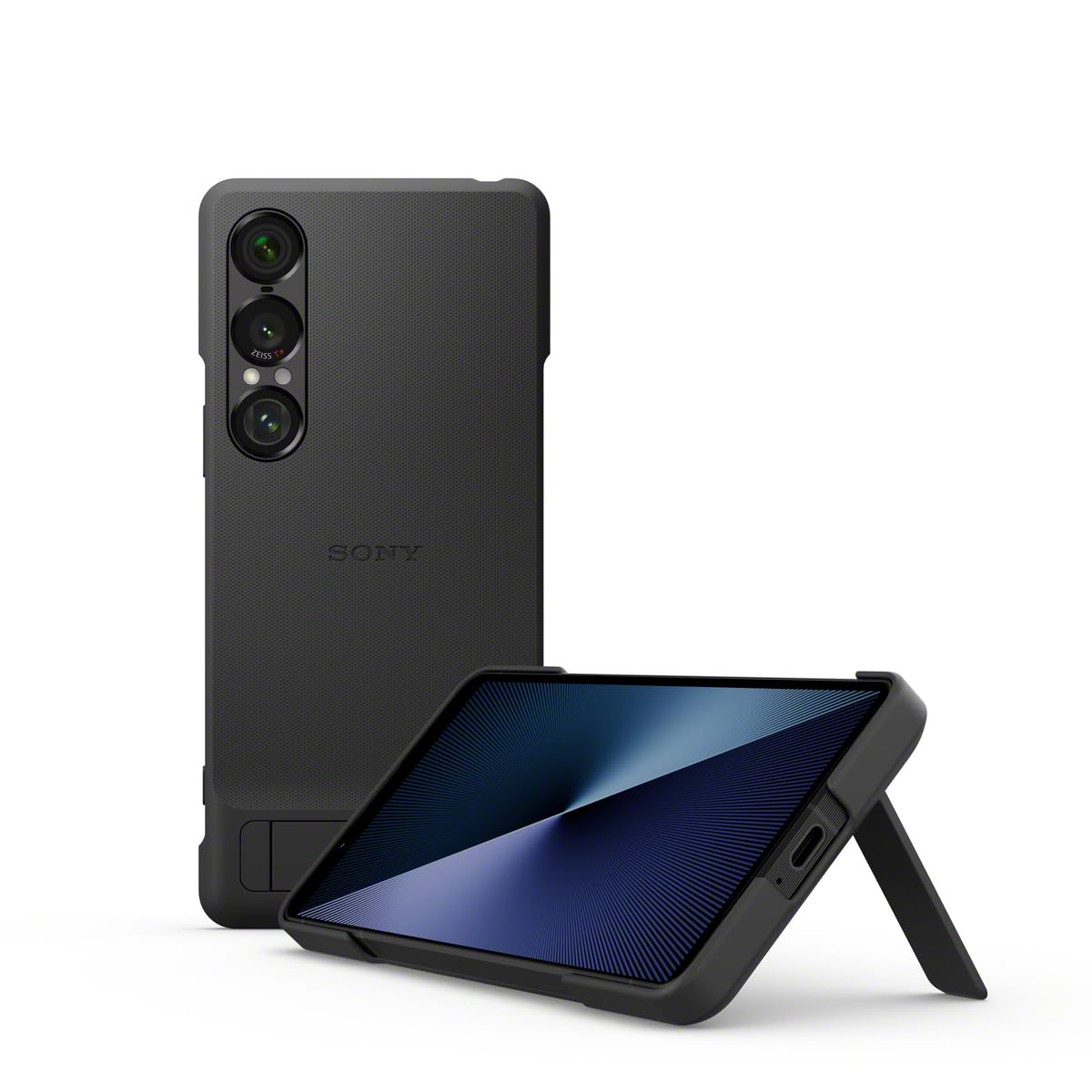 Sony Stylowa osłona z podpórką do smartfonu Xperia 1 VII | Pasek zapobiegający | Uniwersalna podpórka i nowy pasek z pierścieniem z myślą o wygodzie i lepszej ochronie, Czarny