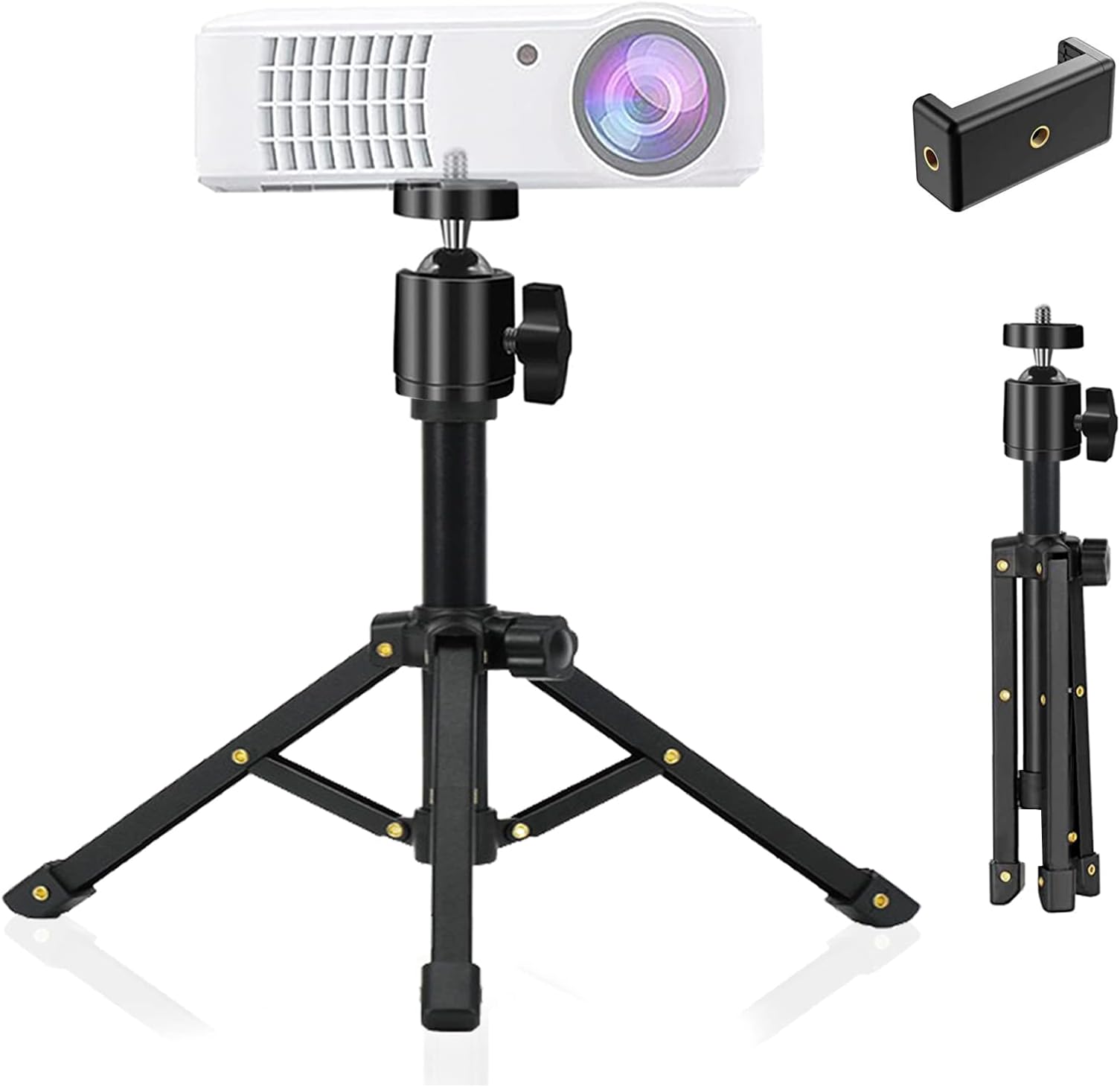 Mini Projector Stand Tripod, Portable and Adjustable Desktop Projector Tripod Mount Lightweight Table Tripod Stand for Mini Projector Cameras iPhone Webcam Mount, 360°Ball Head Rotation