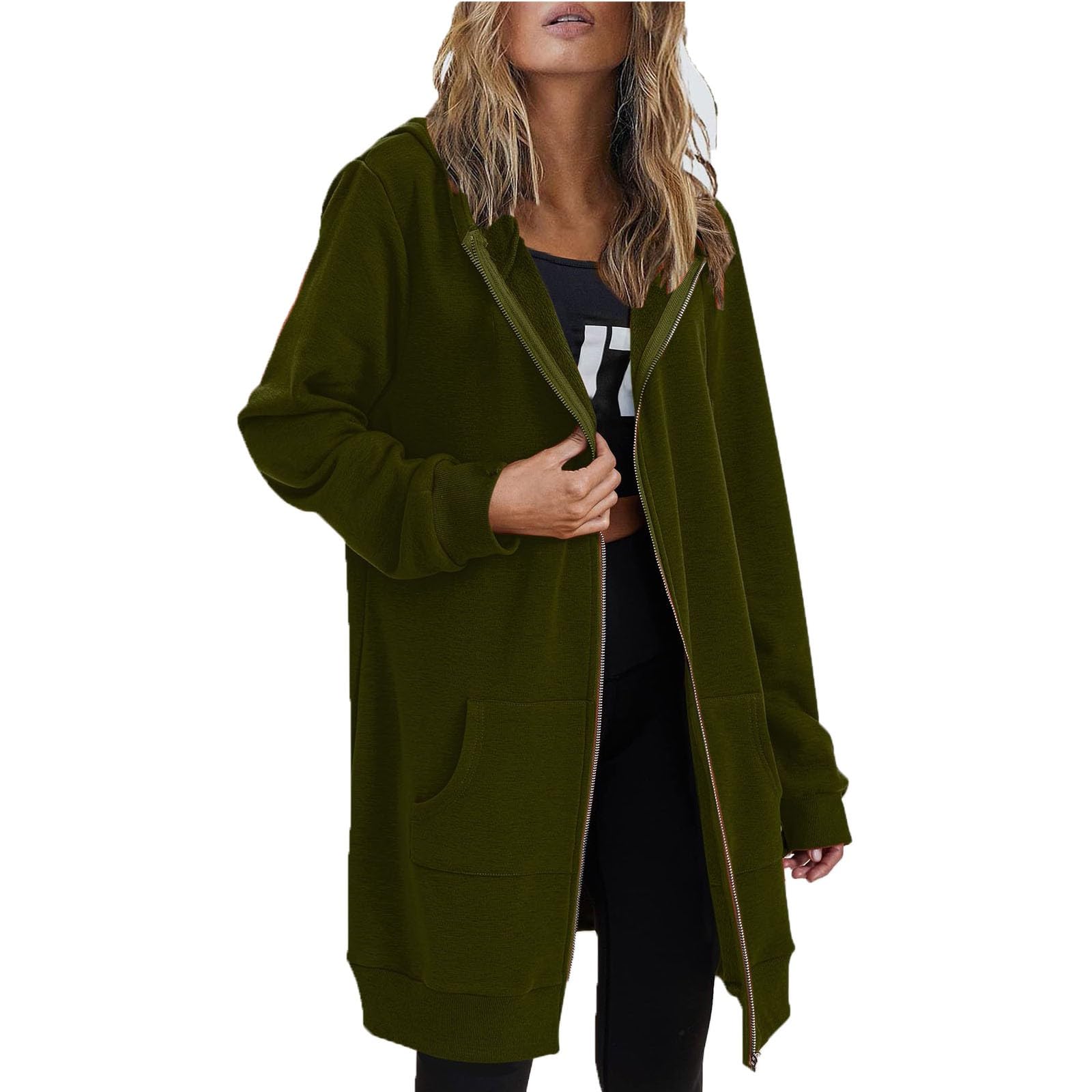 Womens Zip Up Hoodies Long Sleeve Hooded Lightweight Sweatshirt Oversized Fleece Jacket With Pockets Fall Clothes
