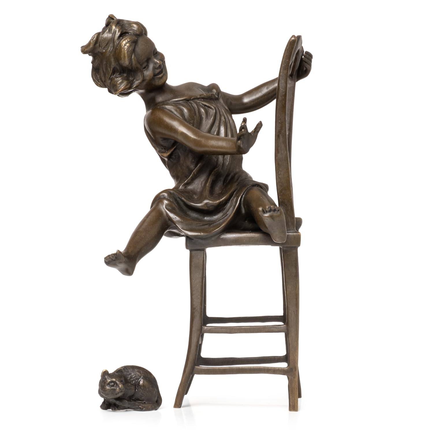Figurka z brązu dziewczyna na krześle z kotem 22 cm wysokości z prawdziwego brązu wykonana z bogactwem szczegółów rzeźba artystyczna do salonu, regału lub kredensu, figurka dekoracyjna, nostalgiczna