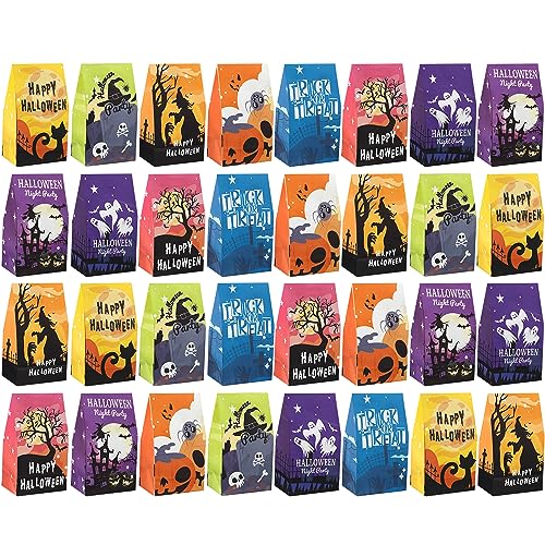 YORFULL Halloween Geschenktüten 32 Stück Süßigkeiten Papiertüten Kleine Süßigkeiten Tüten mit Aufklebern Geschenk Süßigkeitentüten für Halloween Trick or Treat