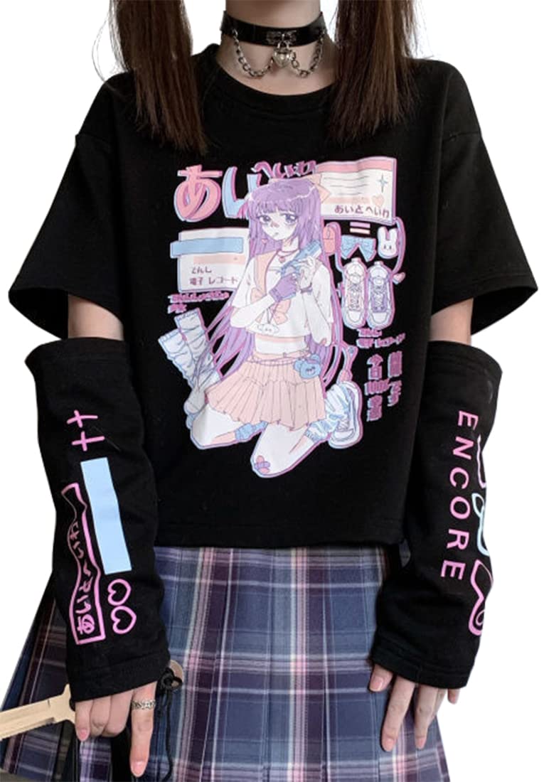 YINGKE Mujer Japonesa Kawaii Sudadera Anime Manga Gótica Y2K Harajuku Camiseta de Manga Larga para Niña