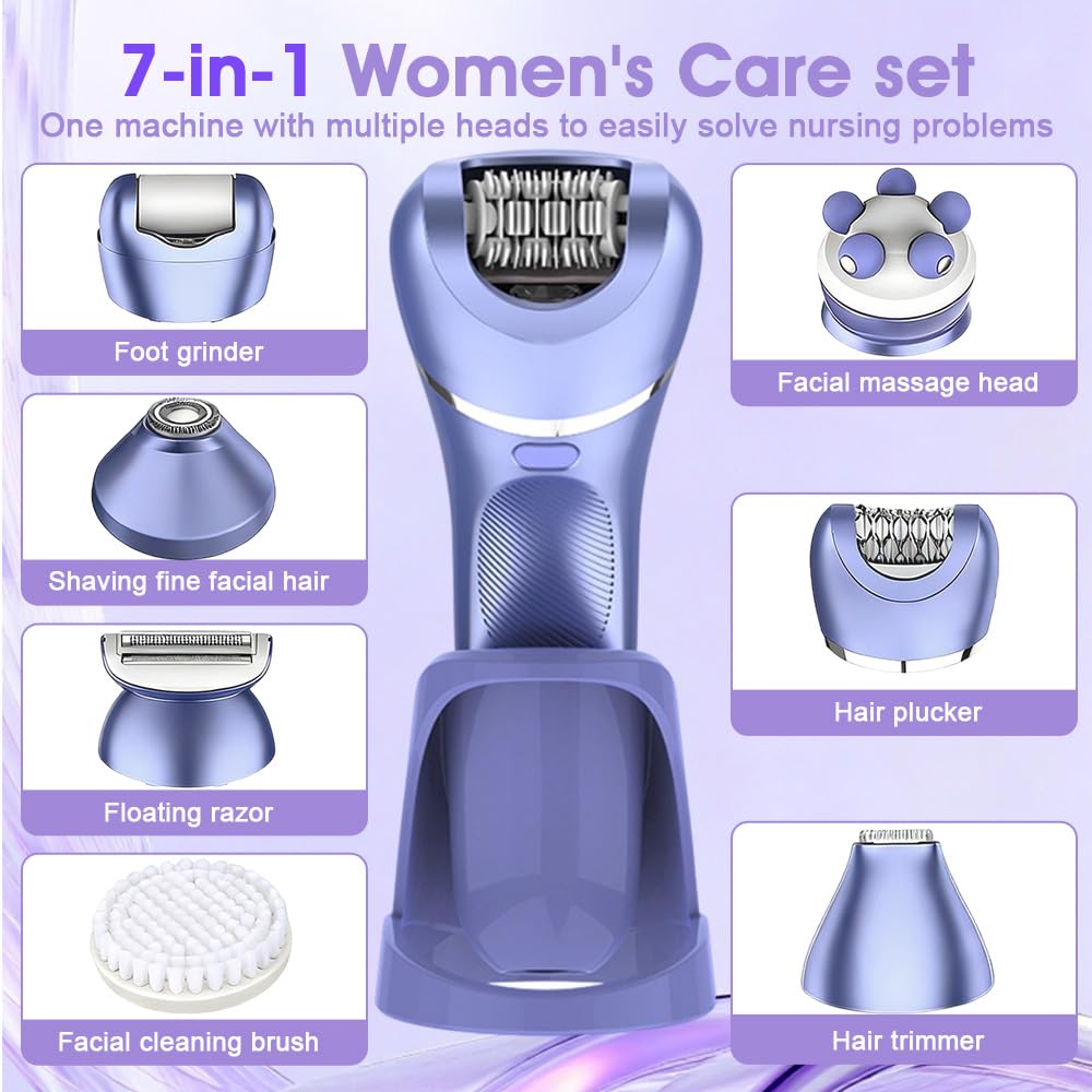 7 In 1 Epilierer Damen, Rasierer Damen, Gesichtsepilierer für Frauen mit Led, Bikini Trimmer, Intimrasierer Frauen, IPX7 Wasserdichter, Nass- und Trockenrasierer, für Gesicht, Achseln, Beine, Bikini