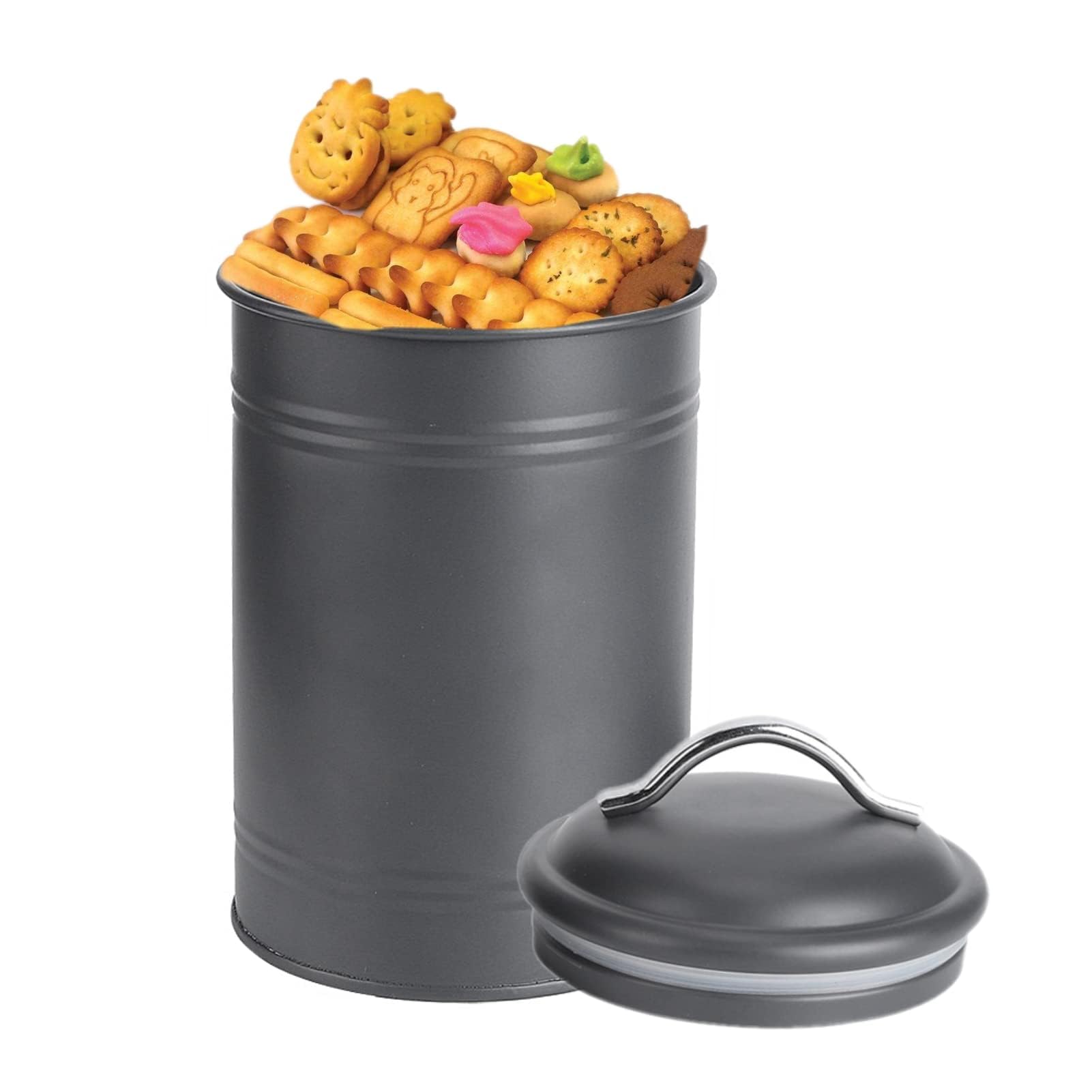 Black Metal Biscuit Cookie Storage Tin Box Canister, Coffee Tea Sugar Canister Home Storage Container Treats Jar with Fresh Seal Lid for Coffee Bean Tea Cereal Sugar Cookie