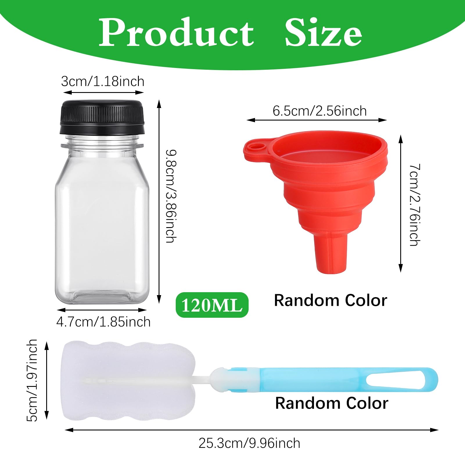 Opopark 20 Pack 4oz/120ml Plastic Juice Bottles with Black Lids, with Pouring Funnel and Brush - Image 2