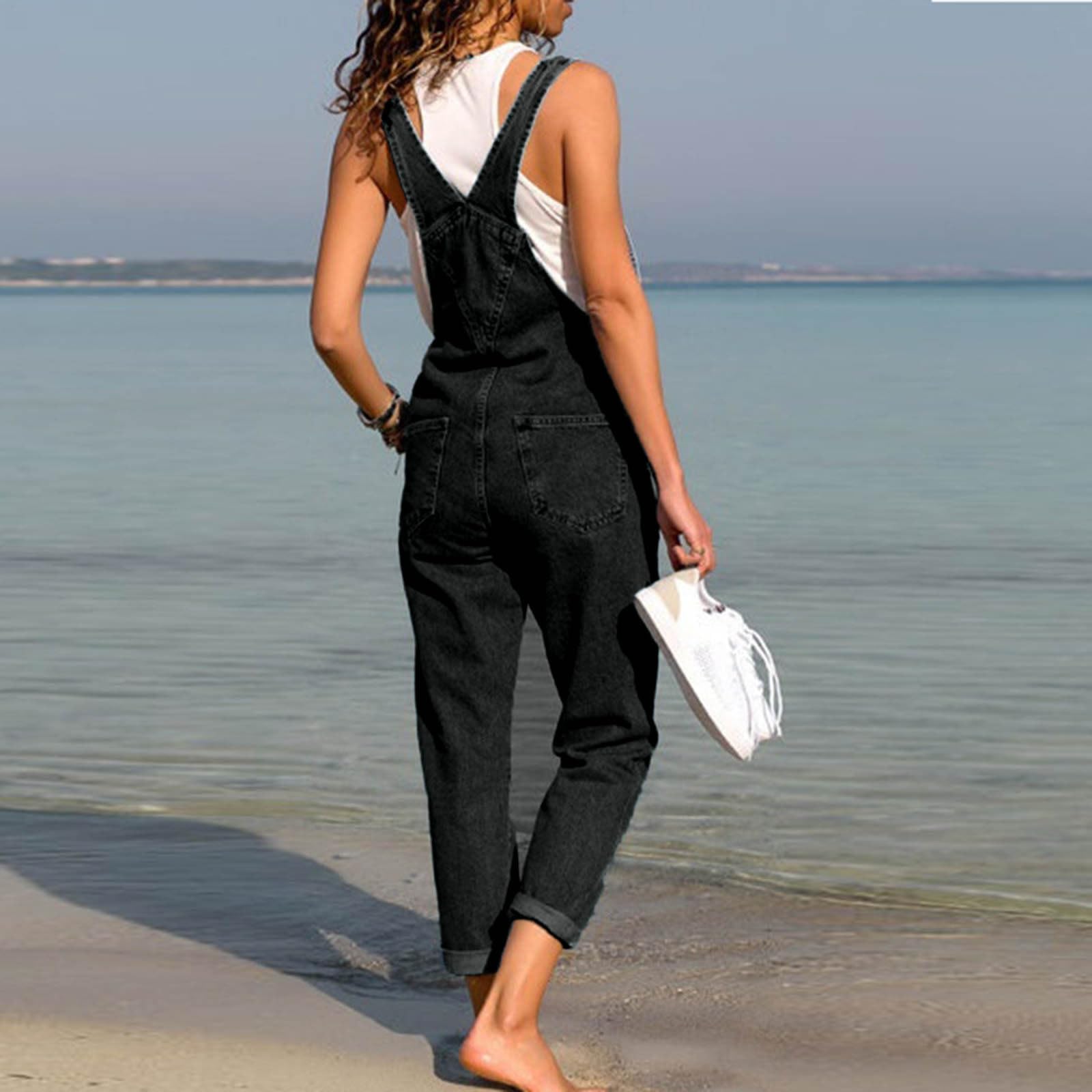 Generisch Pantalones de peto de mezclilla para mujer, sexy, pelele largo, monos