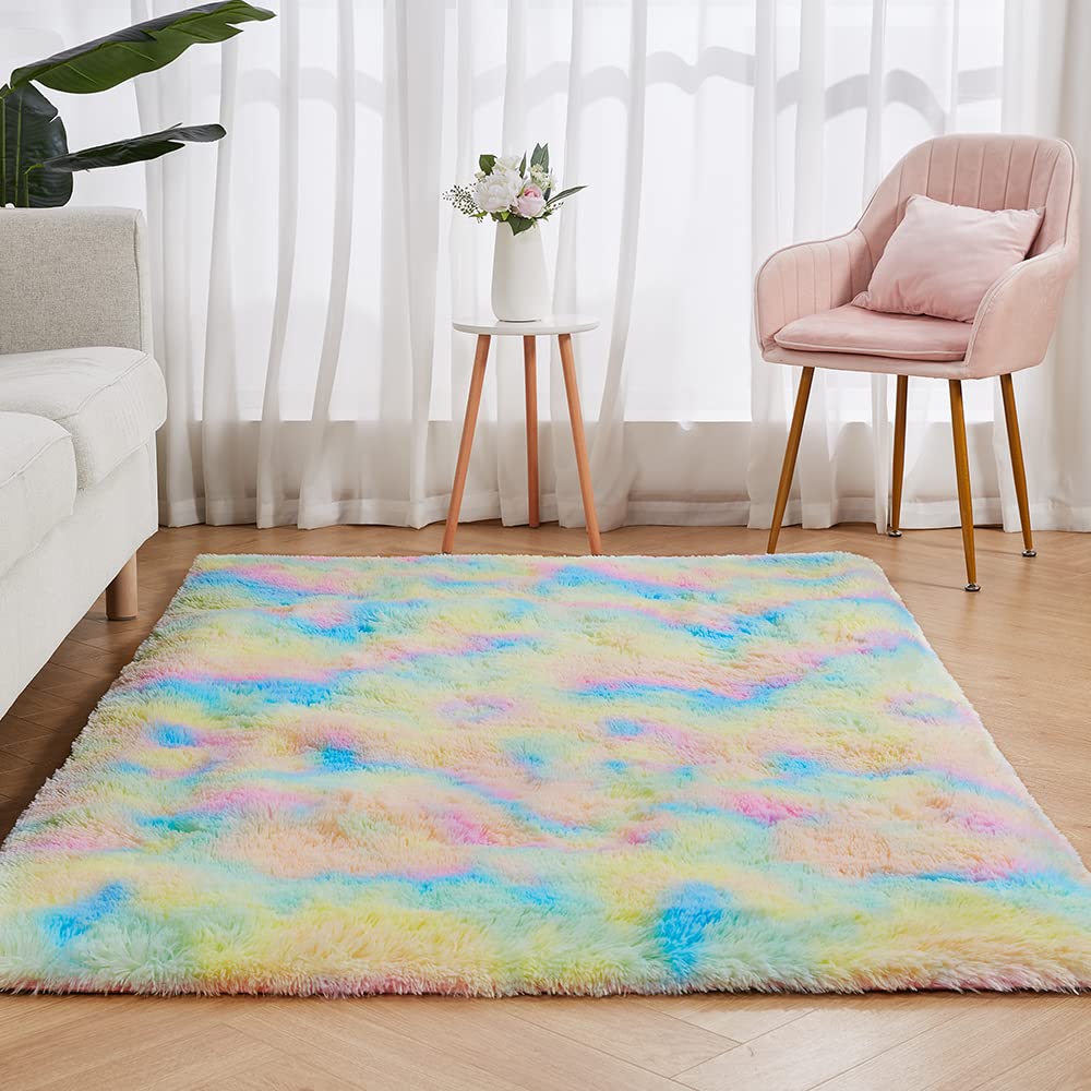 YEAKOO Large Modern Shag Area Rugs, 120x200cm Ultra Soft Fluffy Carpet, Non-Slip Tie-Dyed Floor Carpet for Girls, Kids Room Living Room Bedroom Home Holiday Decor/Coloful