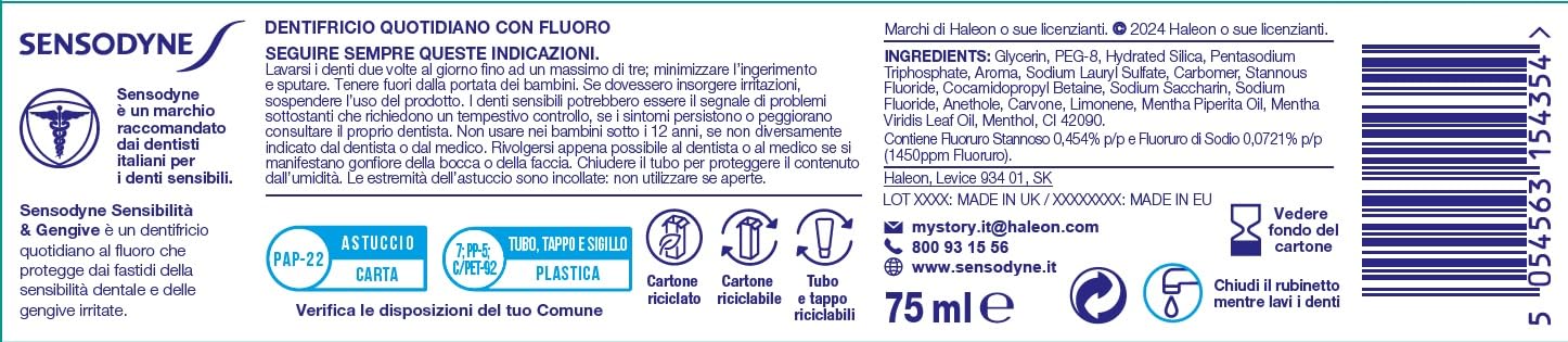 Sensodyne Dentifricio Sensibilità & Gengive, per Denti sensibili e Fastidi Gengivali, Igiene Dentale Quotidiana, Gusto menta, Maxi formato 4x75ml
