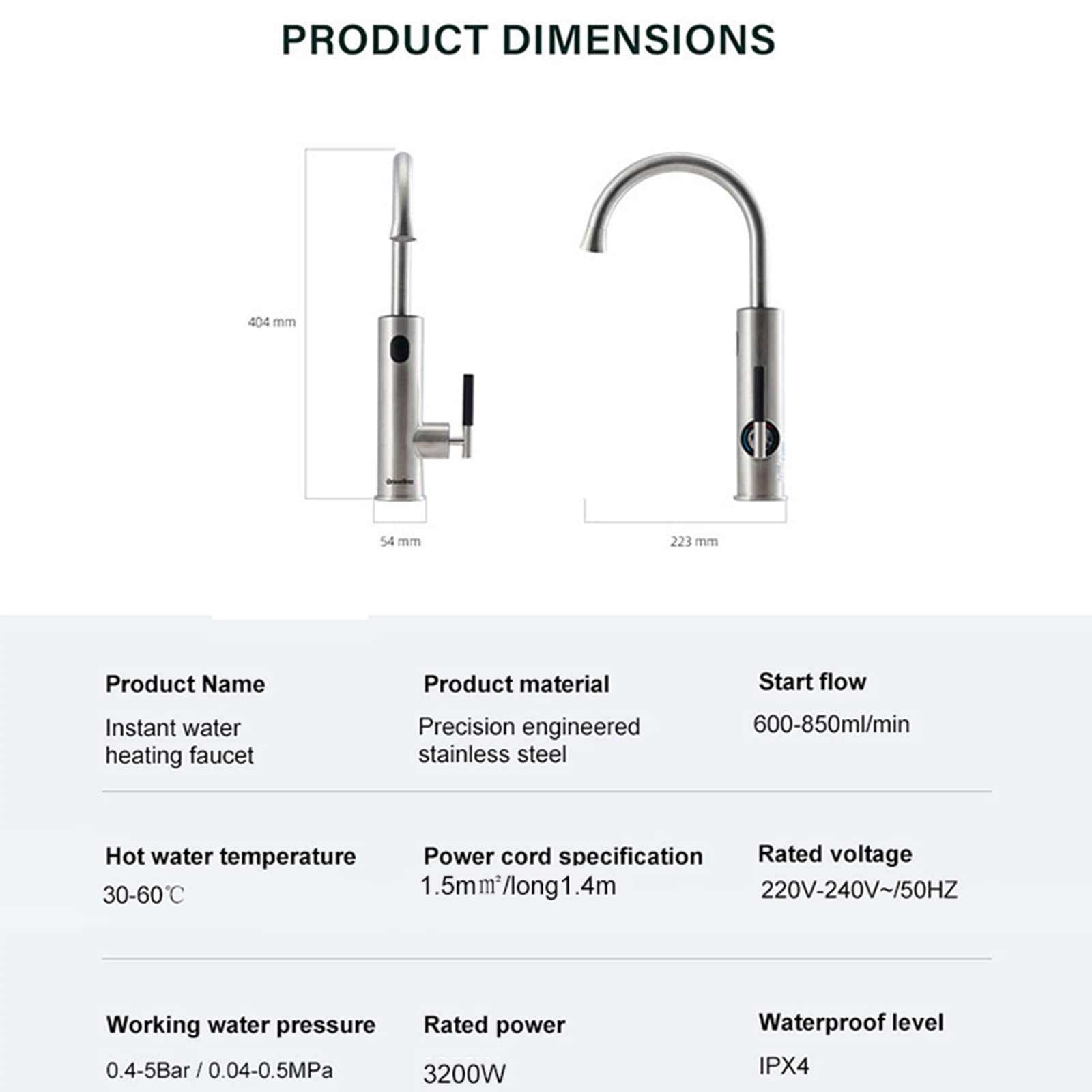 Rubinetto per scaldabagno Elettrico, Rubinetto per Acqua istantanea Senza Serbatoio, Rubinetto per Riscaldamento rapido con Display Digitale a LED, Miscelatore per Riscaldamento a Flusso Geyser