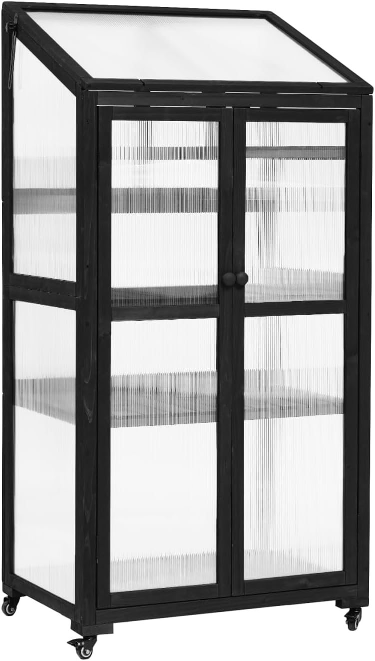 62inch Height Wood Large Greenhouse Balcony Portable Cold Frame with Wheels and Adjustable Shelves for Outdoor Indoor Use, Black
