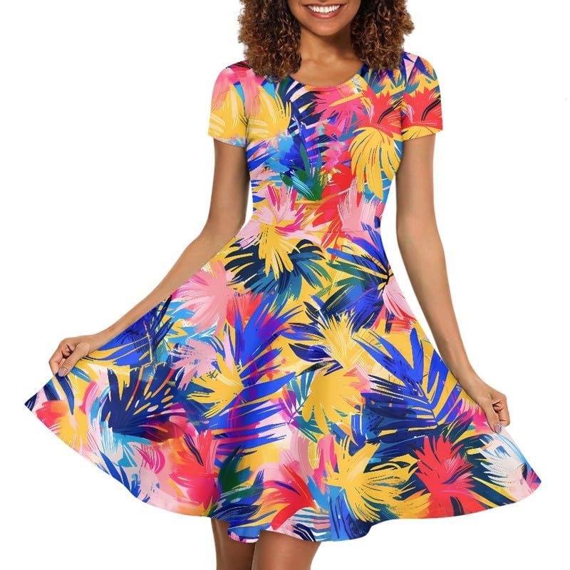 Image of Irisjudy T Shirt Dress for Women Short Sleeve Girls Short Sleeve Dress Plus Size, O Neck Knee Length Midi Dress for Ladies