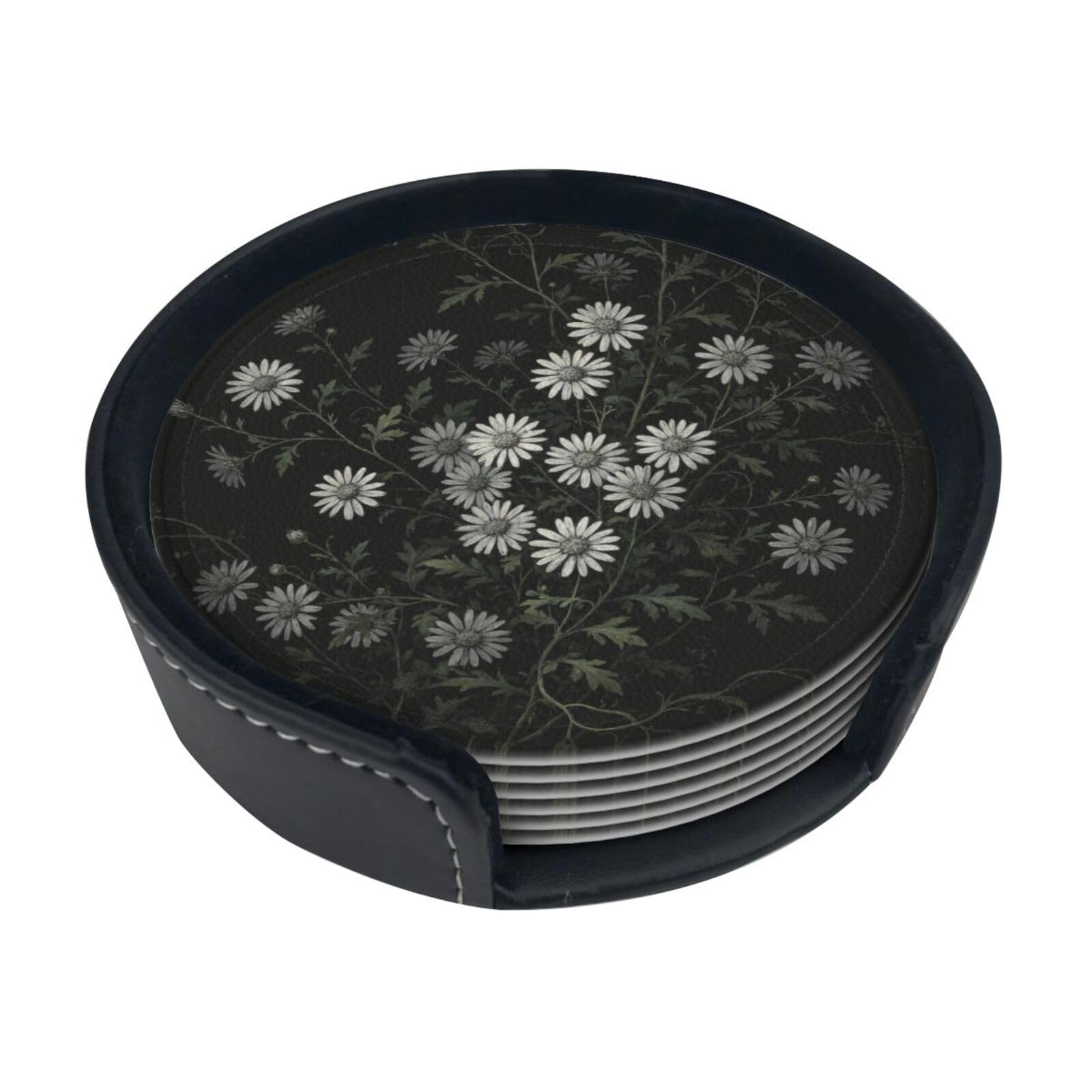 Cntdbu White Black Daisy Leather Coasters Set Of 6-Pu Leather Drink Mats For Table, Heat Resistant Round Coasters With Holder