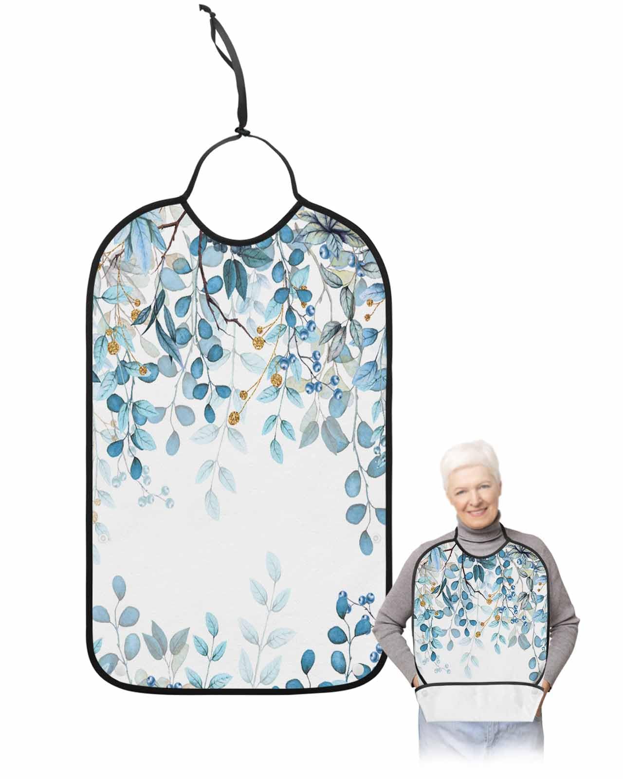 LEOKOTI Blue Botanical Adult Bibs for Eating, Waterproof Bibs with Food Catcher & Adjustable Snap Closure, Vintage Spring Floral Summer Flowers Washable Clothing Protectors Adult Bibs for Elderly