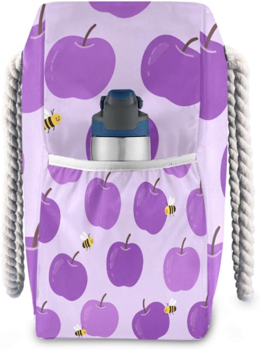 OTVEE Purple Apples Pattern Beach Bags for Women Ladies Large Canvas Tote Shoulder Bag Waterproof Travel Bags for Gym Swim Pool Camping