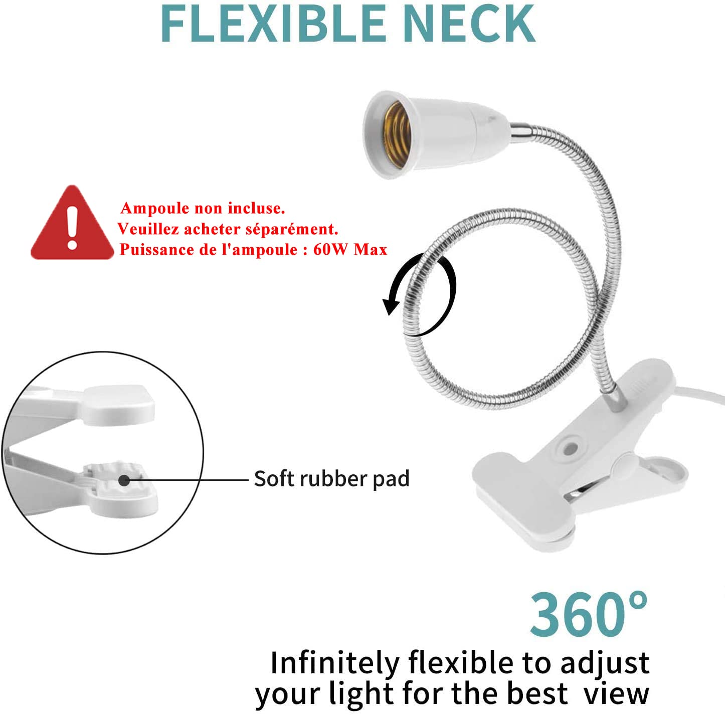 2PCS Base de Lampe de Table à LED E27 Douille d’ampoule à Pince Base de Support de Lampe à Col de Cygne Base Clip de Lampe pour Table avec Interrupteur 360° Lampe Prise pour Lecture,Maquillage