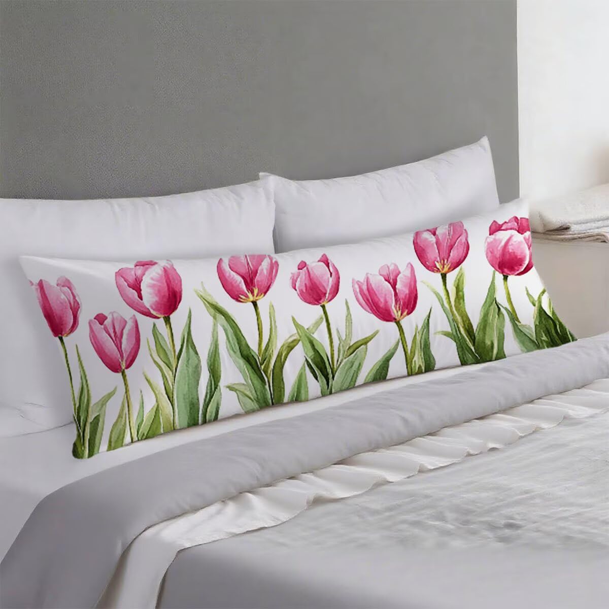 Poduszka do spania na boku, różowa poszewka na poduszkę 60 x 180 cm, poduszka ciążowa, tulipan, len, oddychająca i miękka, do dekoracji salonu, na sofę, poszewka na poduszkę, prezent dla kobiet T-7799
