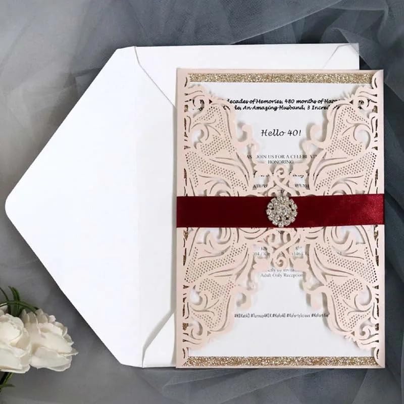 Hochzeitskarte (50 Teile/los) Spitze Rosa Hochzeit Einladung Karte Gold Glitter Engagement Geburtstag Taufe Einladungen Hochzeitskarten(White,Whole Set blank)