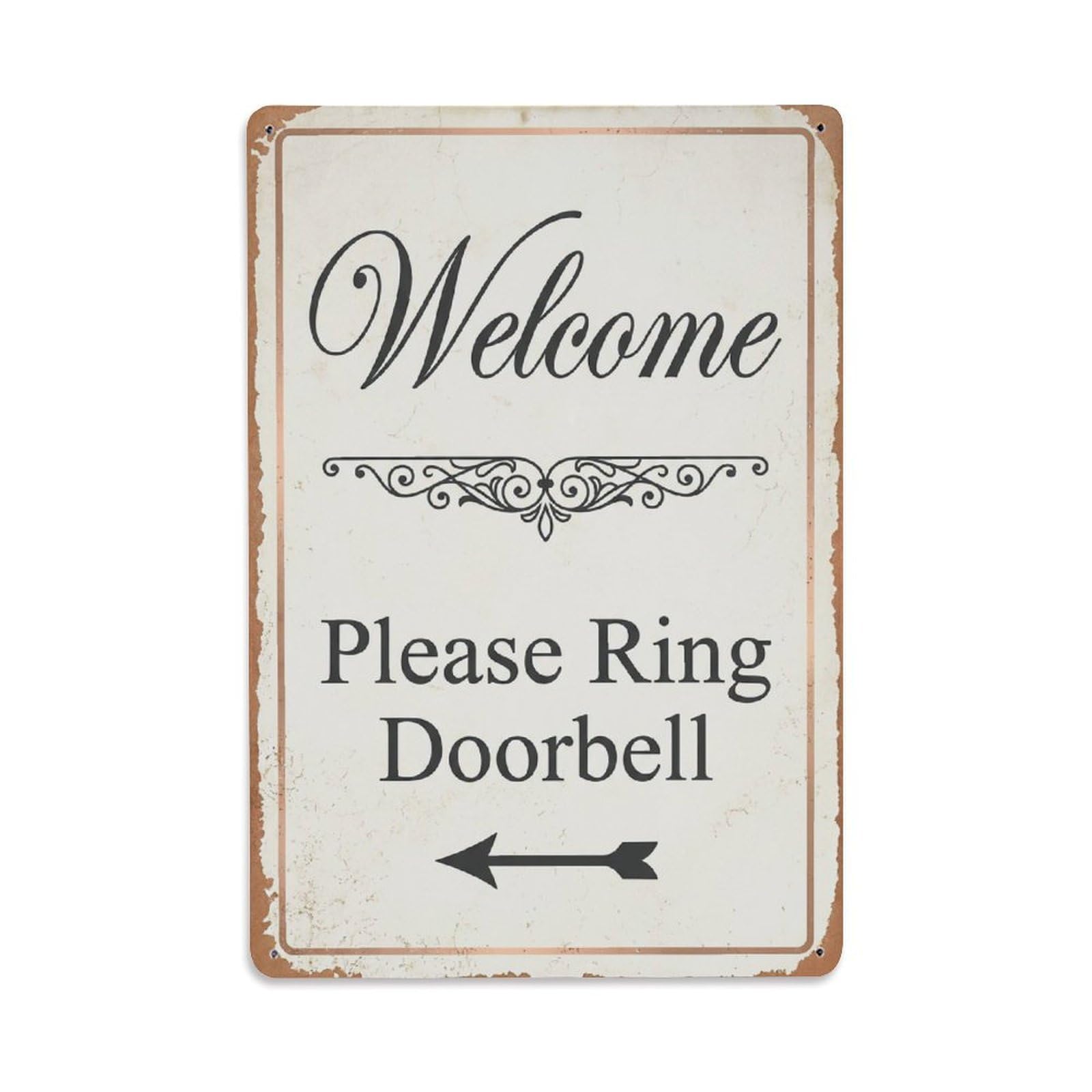 Vintage Welcome Please Ring Doorbell Arrow Scroll Metal Tin Sign