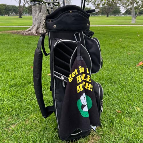 Giggle Golf Funny Golf Towel & Tee Bag Set for Men – 15 x 24 Inch Microfiber Waffle Towel + Drawstring Tee Pouch with Clip | Great Novelty Golf Gift & Tournament Prize (Black - Get in The Hole)