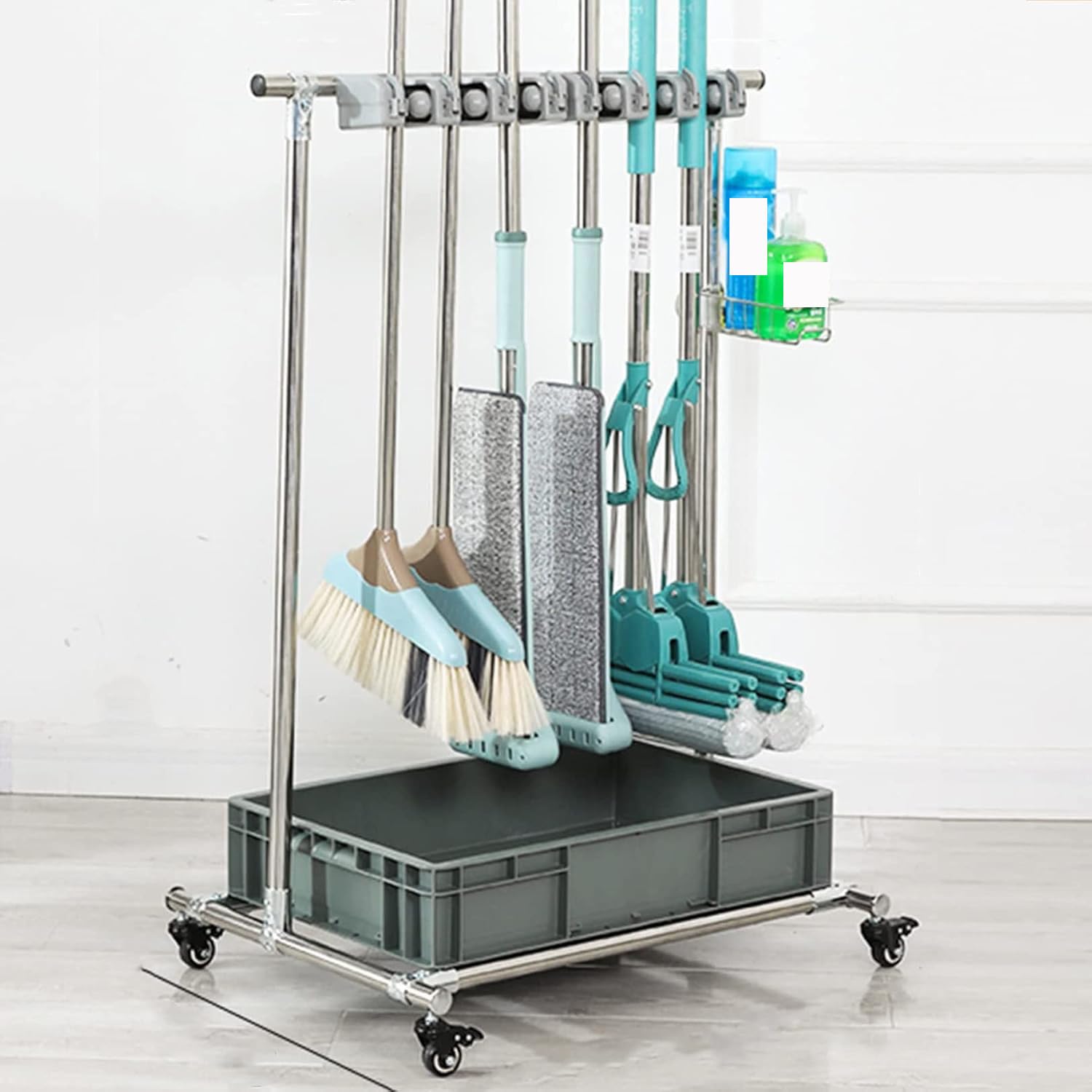 Versátil soporte para fregona y escoba con 6 ranuras, organizador de herramientas de limpieza montado en la pared para fregonas, escobas y suministros, solución de almacenamiento de suelo que ahorra