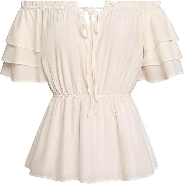 Women Renaissance Pirate Peasant Ruffled Shirt Blouse Holiday Tops Apricot M