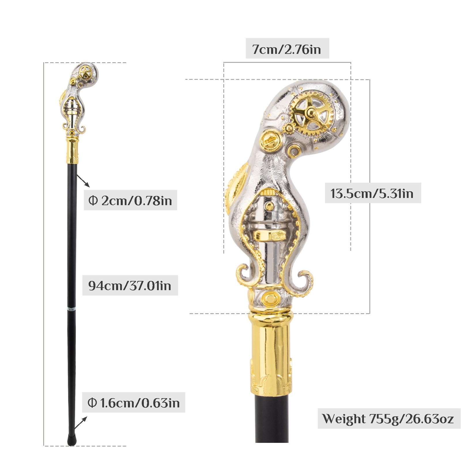 Bastone da Passeggio Meccanico a Forma di Polpo, Bastone Amovibile per Uomo | 37 pollici, portata 500 libbre, antiscivolo, impugnatura ergonomica, per feste in stile cosplay e vintage