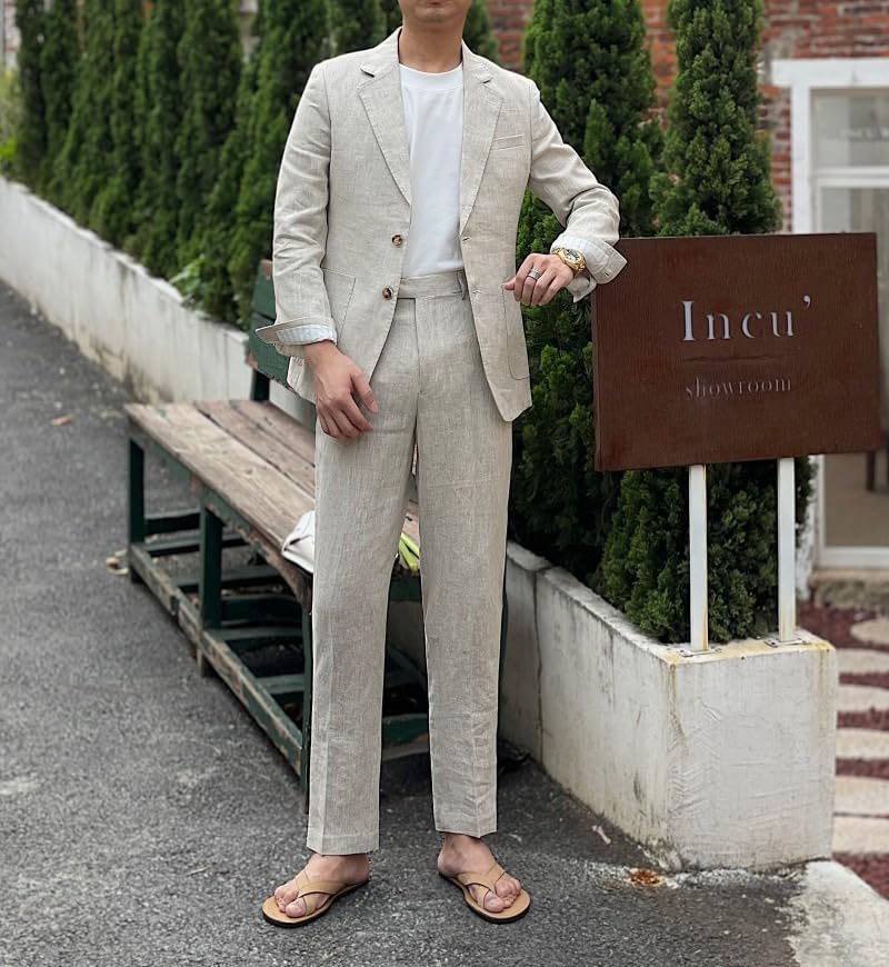 Men's Linen Suit Summer Beach Wedding 2 Pieces Classic Retro Linen Suit Set3