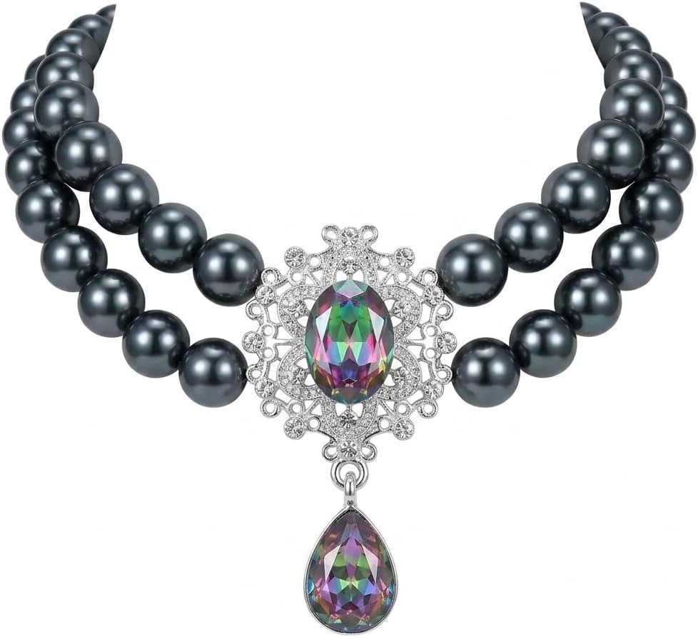 Pet Pearl Collar, Double Row Luxury Dog Necklace with Rhinestone Pendant for Cats and Small Dogs-Black Size S Pet Pearl Collar