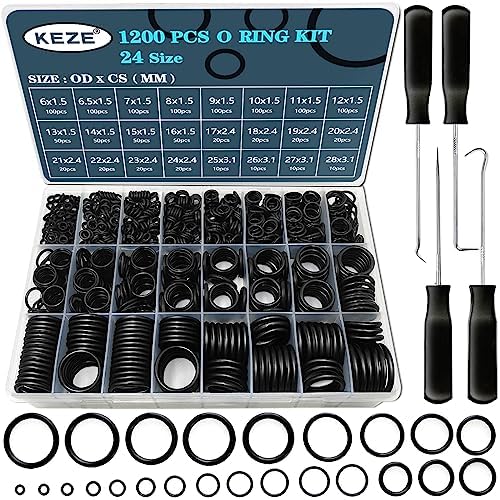 KEZE 1200 Pcs 24 Size Nitrile Rubber O-Ring Assortment Kit with 4-Piece Precision Pick and Hook Set for Auto Vehicle Faucet Plumbing Pressure Washer Air or Gas Sealing Repair OD:6mm-28mm O Ring