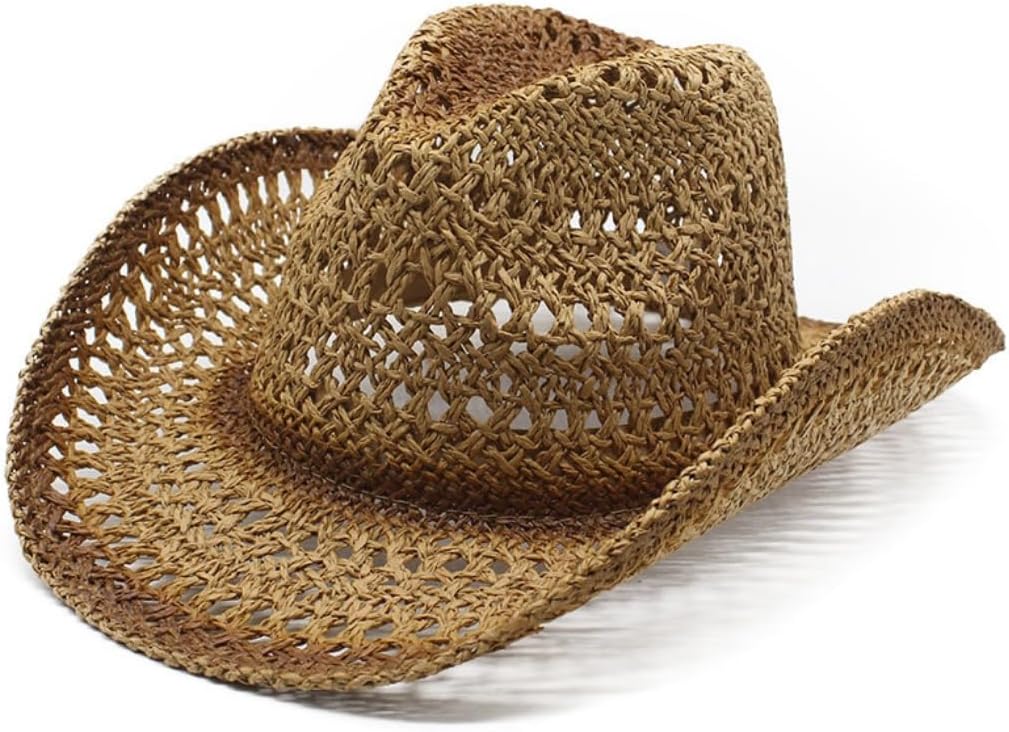 Western Straw Cowboy Hat, Open Weave Design, Natural Beige and Brown