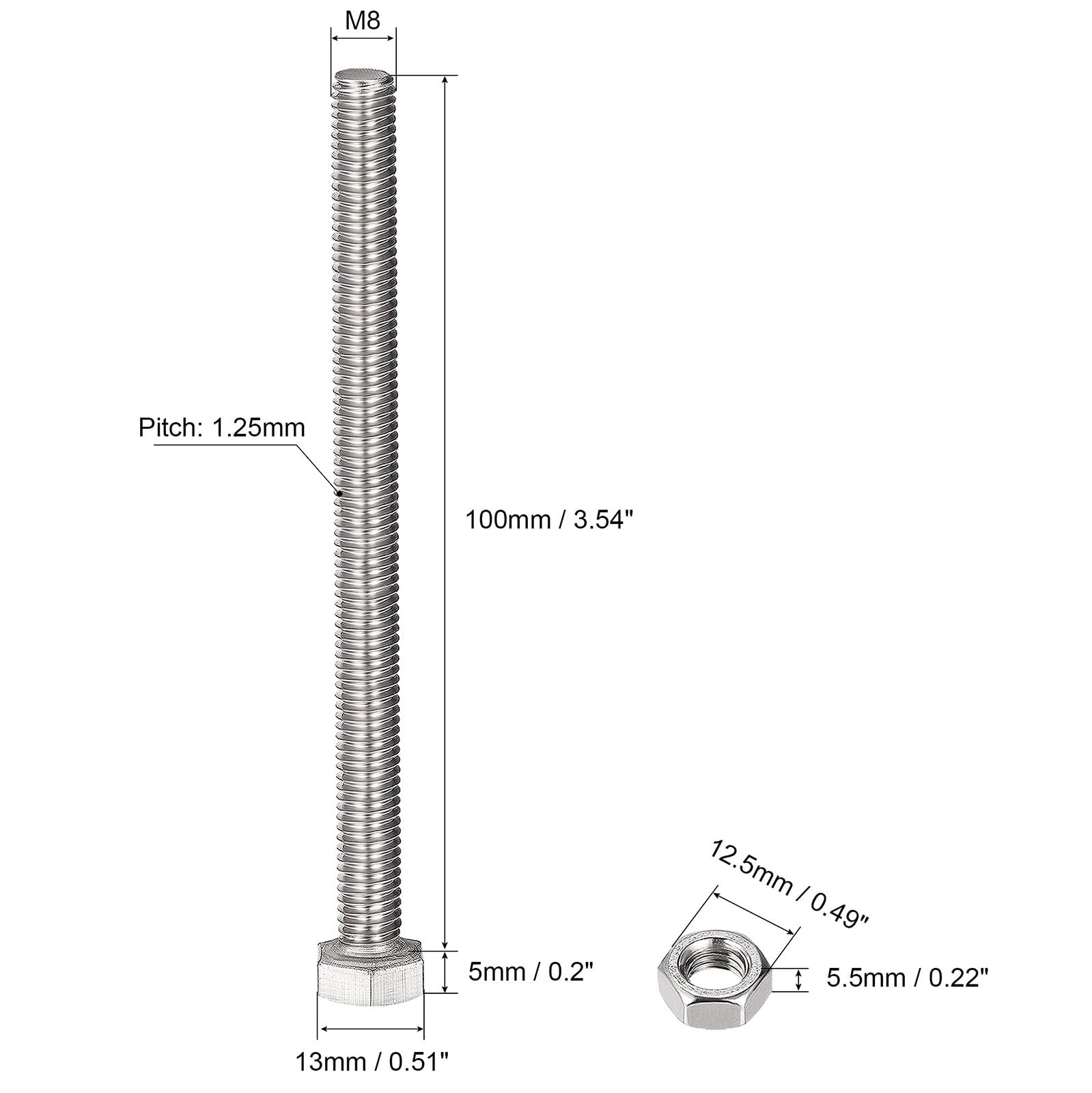 TOP-VIGOR 10Pcs M8 x 100mm Hex Head Screws Bolts, Nuts, Flat & Lock Washers Kits - Image 2