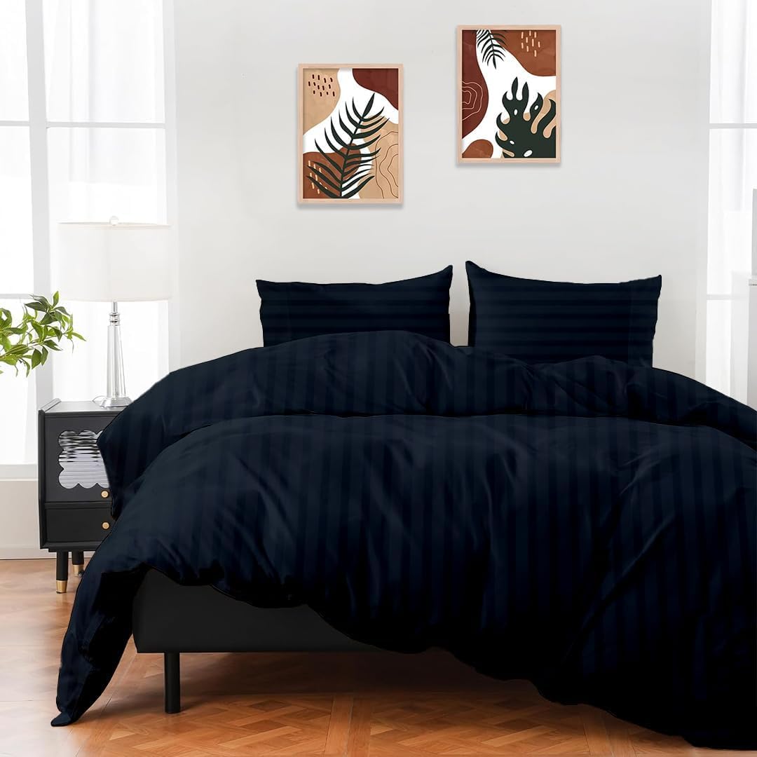 100% Cotton Duvet Cover for Double Bed with Zipper (92x102 Inch)-Navy Blue Stripe-image-19