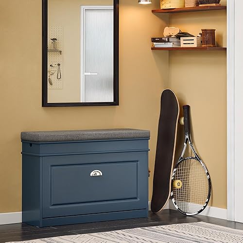 Miniatura 79 de Haotian FSR82-L-SCH - Zapatero de pasillo negro, zapatero de diseño moderno, zapatero delgado con cajón abatible y cojín de asiento acolchado Negro