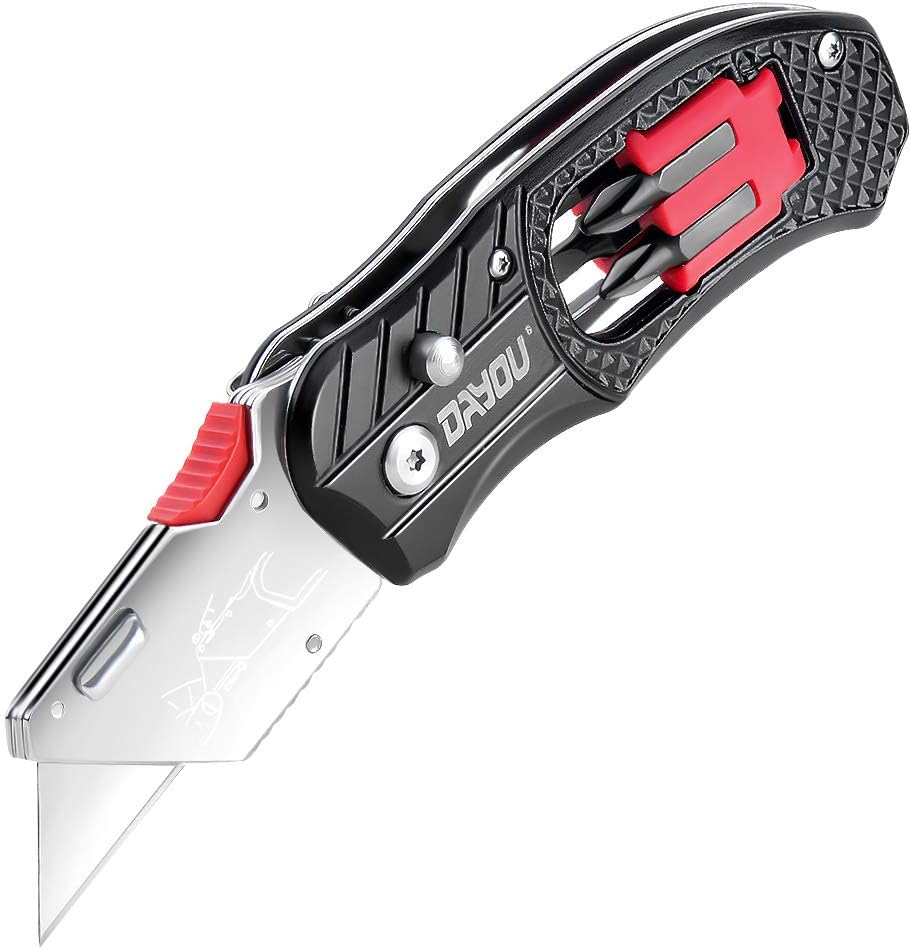 Folding Utility Knife with Belt Clip - Blade Fixed at 4 Different Angles, Easy to Use, Box Cutter Knife with Clip, Replaceable Blades, 4 Screwdriver