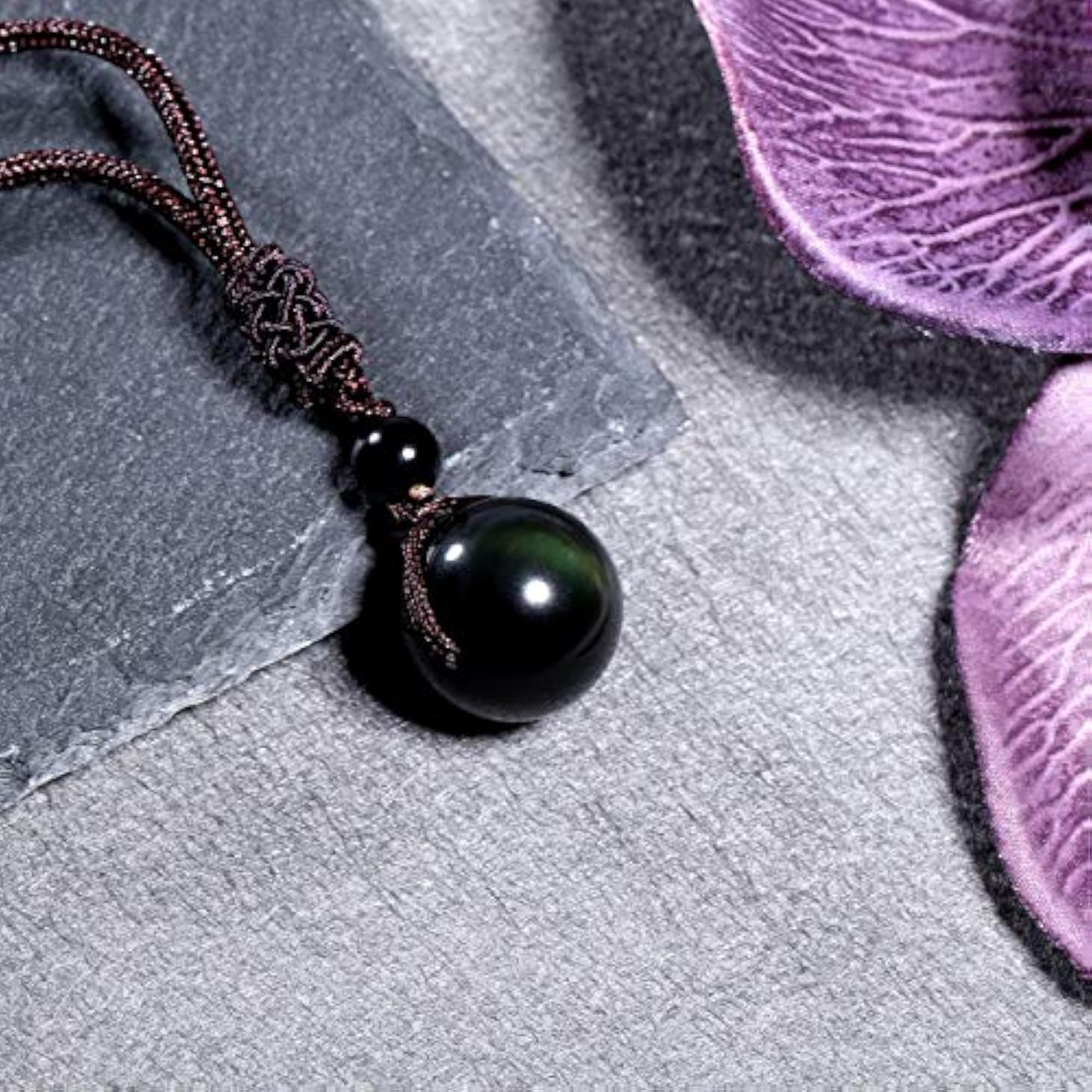 Unisex Natural Black Obsidian Rainbow Eyes Stone Pendant Necklace