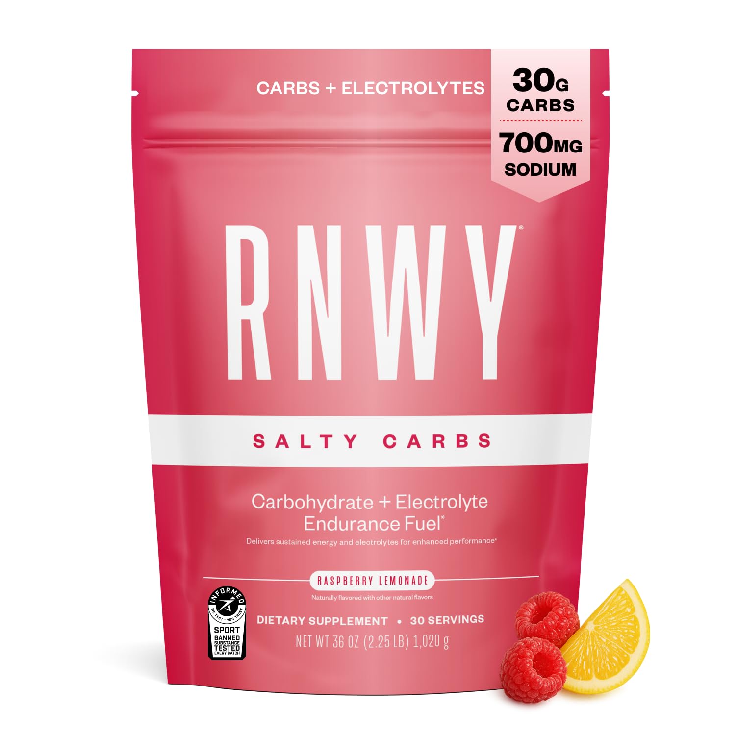 RNWY Suplemento em pó para resistência e energia com maltodextrina, frutose e sódio 700 mg, 30 porções, sabor Raspberry Lemonade