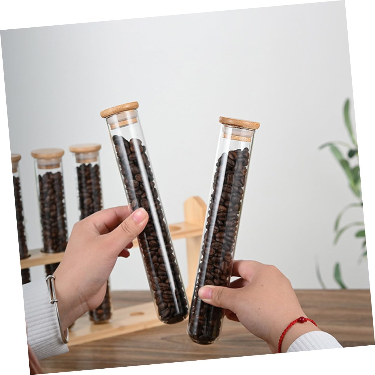 Clear Glass Coffee Bean Storage Tubes with Wooden Display Stand Compact Sealed Glass Tubes for Coffee Lovers Multifunctional Space Organizer Easy to Assemble