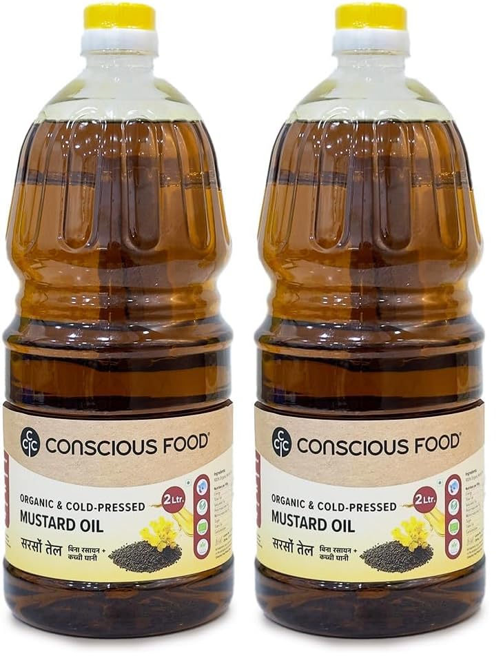 Image of Conscious Food Organic Cold Pressed Black Mustard Oil | 2 Litre | Mustard Oil for Cooking | Certified Organic | Good for heart health | Kachi Ghani (Pack of 2)