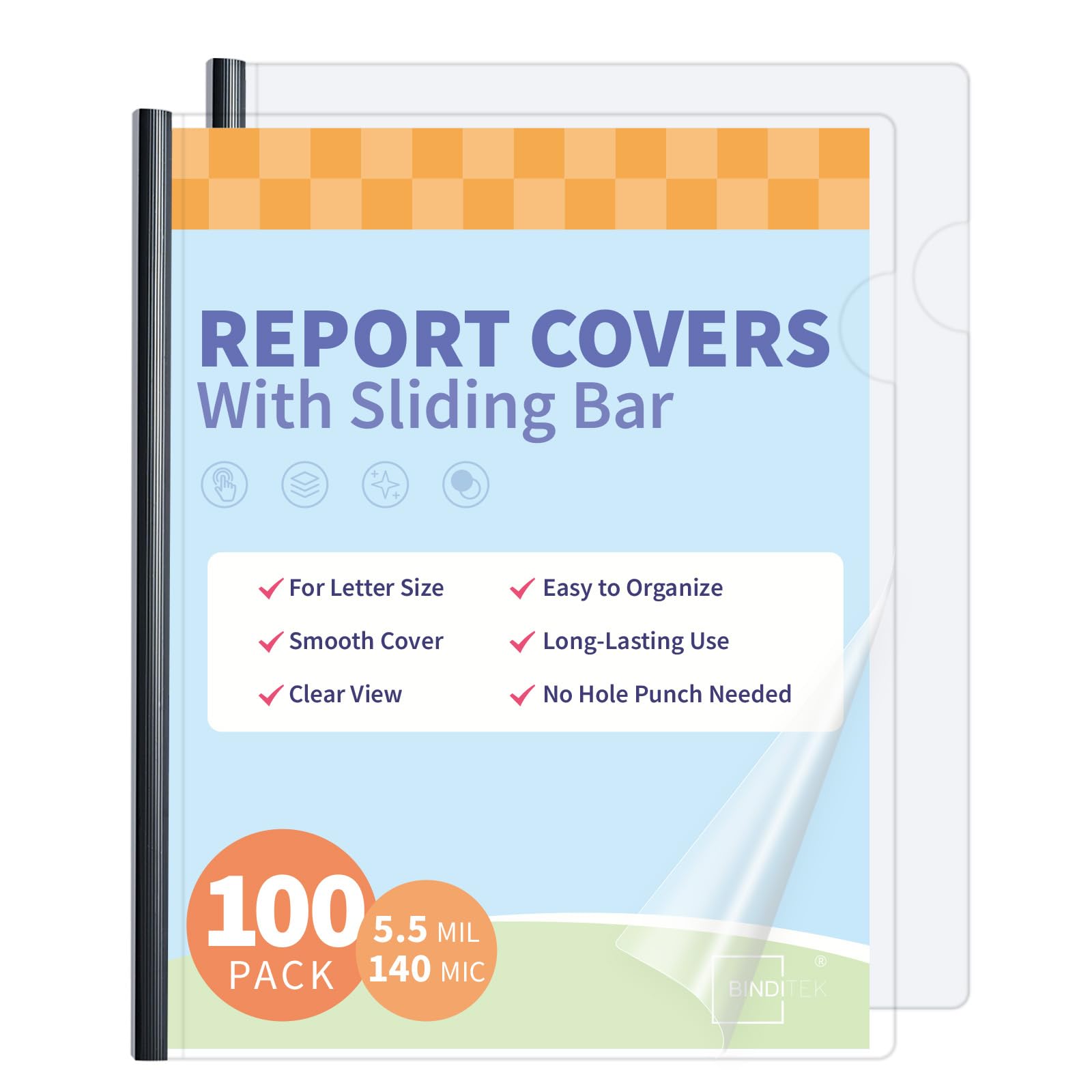Binditek 100 Pack Clear Report Covers with Sliding Bars, 25 Sheet Capacity, 5mm Binding Bars, Letter Size, 5.5 Mil Thick, Black, for Students and