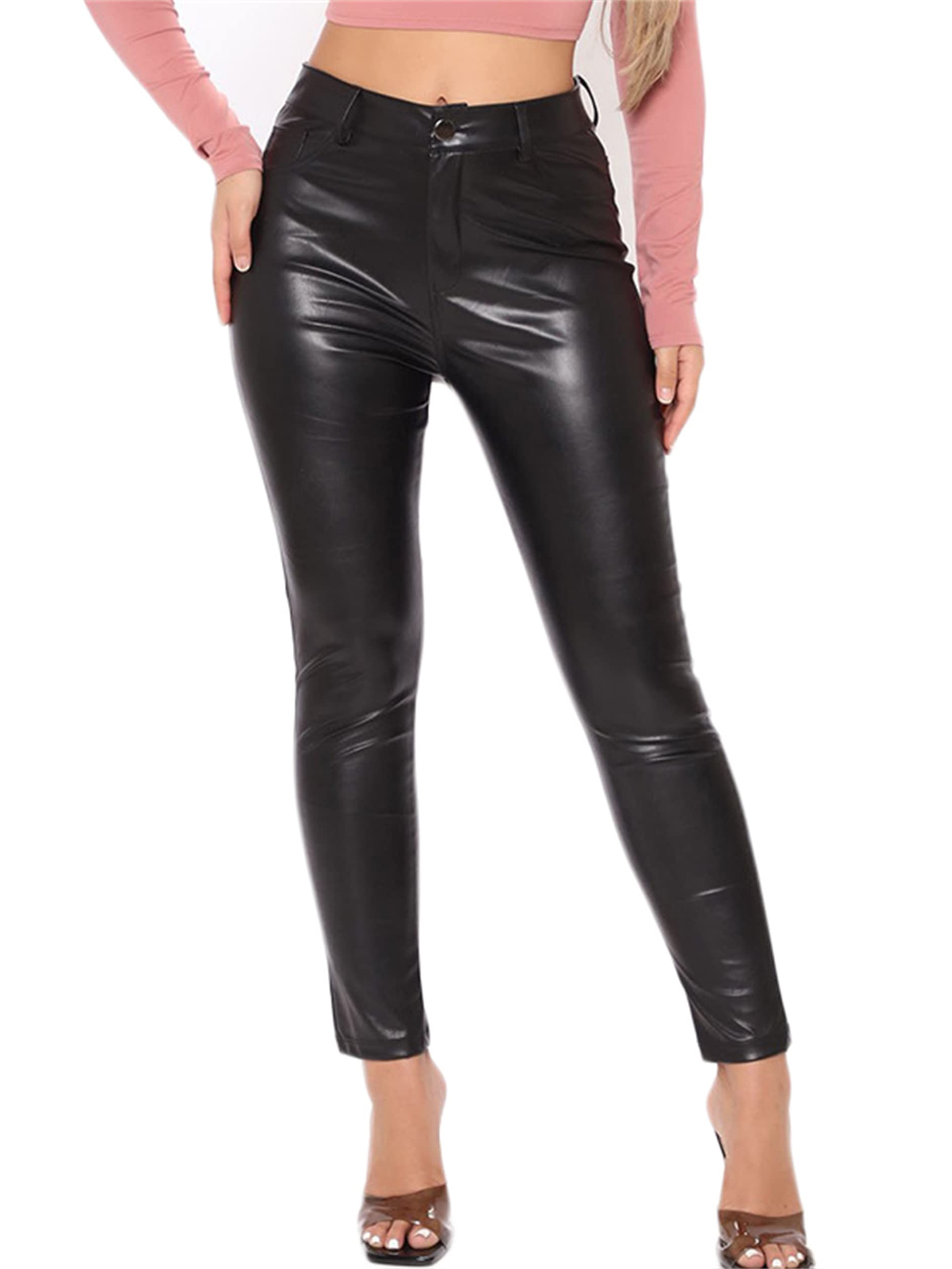 Damskie spodnie ze sztucznej skóry z wysokim stanem Flare/ołówkowe/proste Seksowne legginsy slim fit Legginsy ze sztucznej skóry wyglądające na mokre (czarne 2 XL)