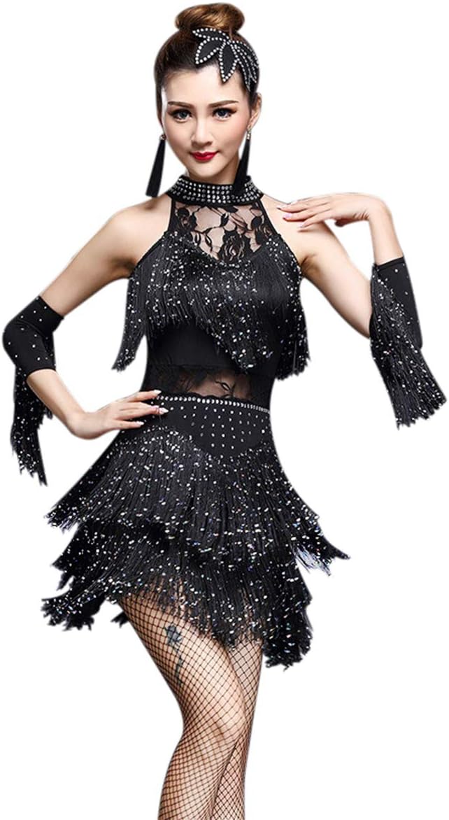 ZX Women's Dance Dress Rhinestone Sequin Fringe Flapper Party Dress Latin Salsa Ballroom Dancing 4 Pieces Outfits