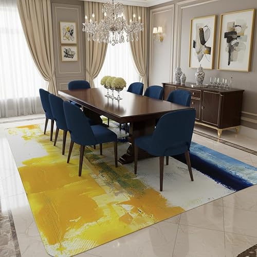 Miniatura 6 de Alfombra contemporánea moderna abstracta azul amarillo vibrante de 4 x 6 pies, alfombra estética de lana ultra suave para sala de estar, dormitorio,