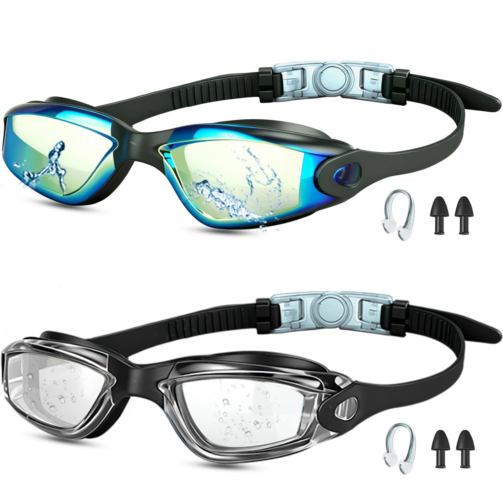 Moseem Schwimmbrille Kinder, 2 Stück taucherbrille Kinder 10 Jahre und Erwachsene,Schwimmbrille für Herren Damen Kinder,Anti-Fog,Kein Auslaufen(Spiegel Aqua&Klar)