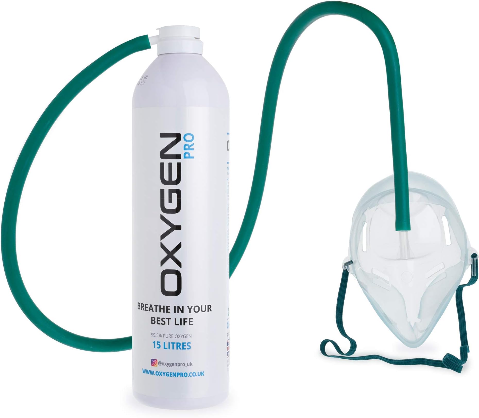 Cylinder with Mask and Tube - 15L of 99.5% Pure Oxygen Canister - Patented Compact Compression Tech - Improves Concentration, Performance, Recovery – Perfect for Sport, Study & Travel
