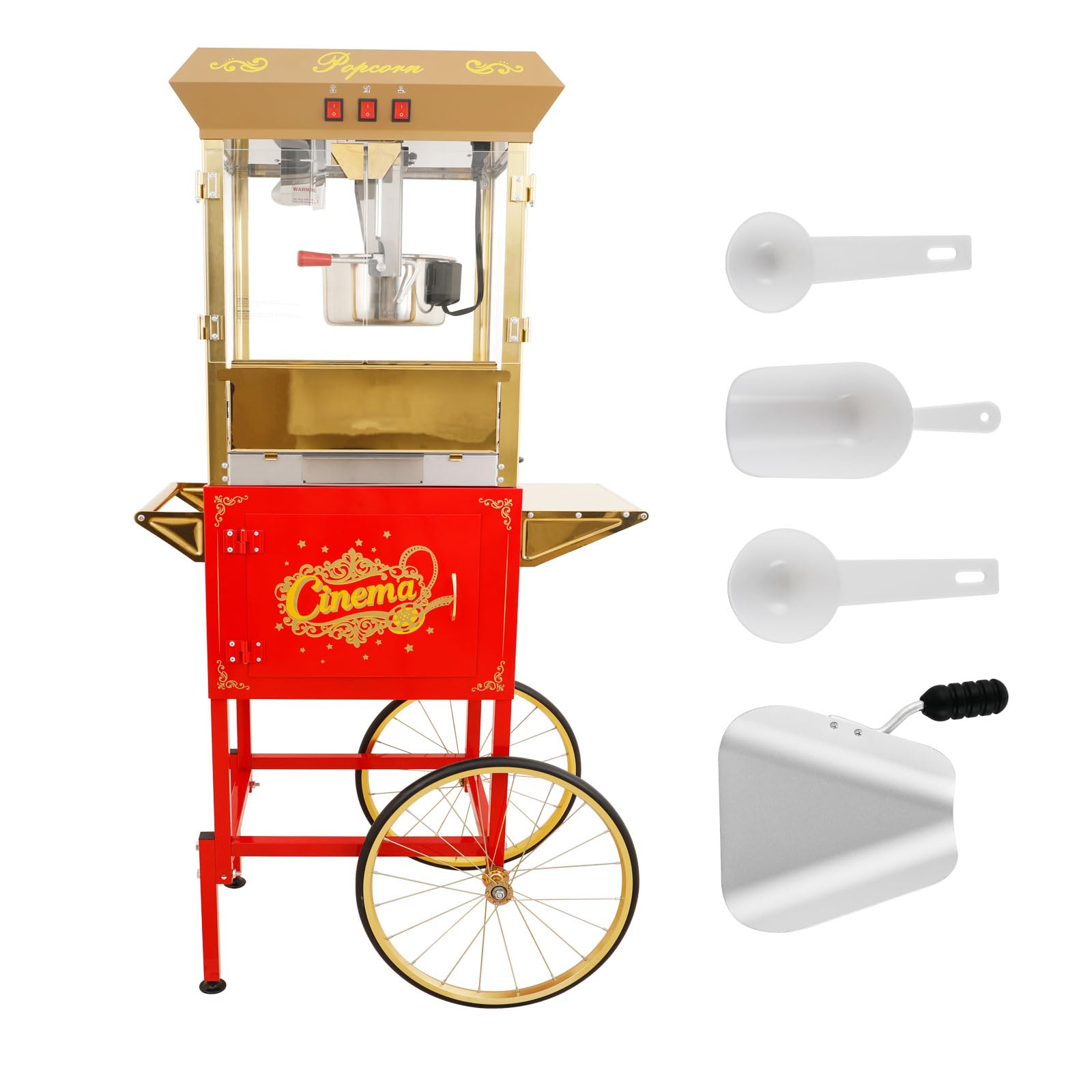 Popcorn Maker with Cart &amp; 16oz Kettle, Antique Style Popcorn Maker on Wheels with Storage Cabinet, Mobile Popcorn Popper Machine for Theater, Carnival, Home Party, Red