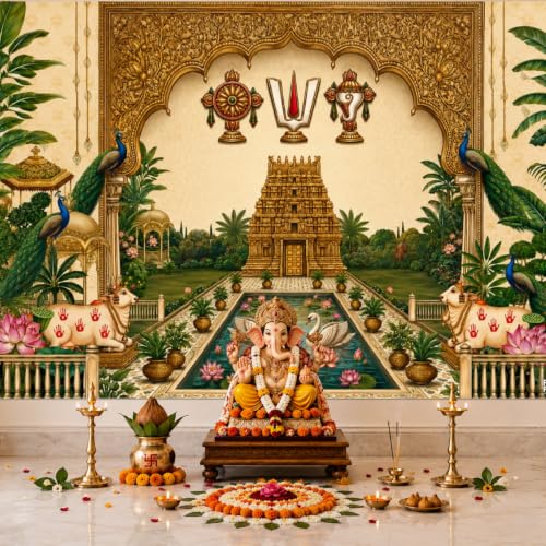Image of Party Propz Backdrop for Ganapati Decoration Items for Home- 2 Pcs, Tirumala Theme Background Banner, Backdrop Cloth for Decoration Pooja, Varalakshmi Decorations, Janmashtami Decorations.
