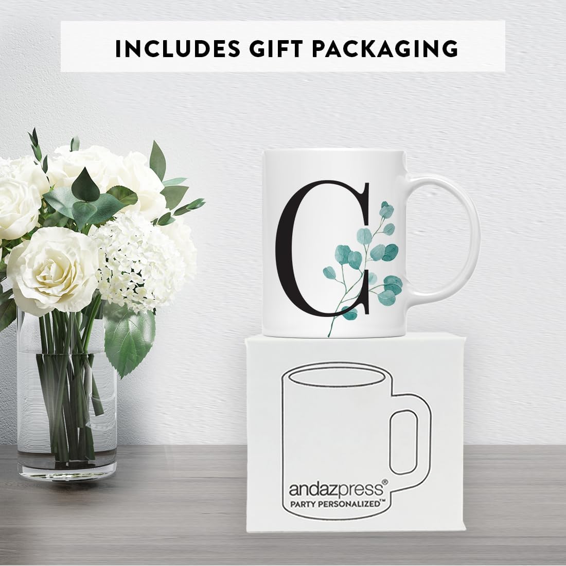 Andaz Press 11oz. Coffee Mug Gift, Eucalyptus Leaves Greenery, Initial Monogram Letter C, 1-Pack, Includes Gift Box, Christmas Birthday Mother's Day Graduation Coworker Present Ideas