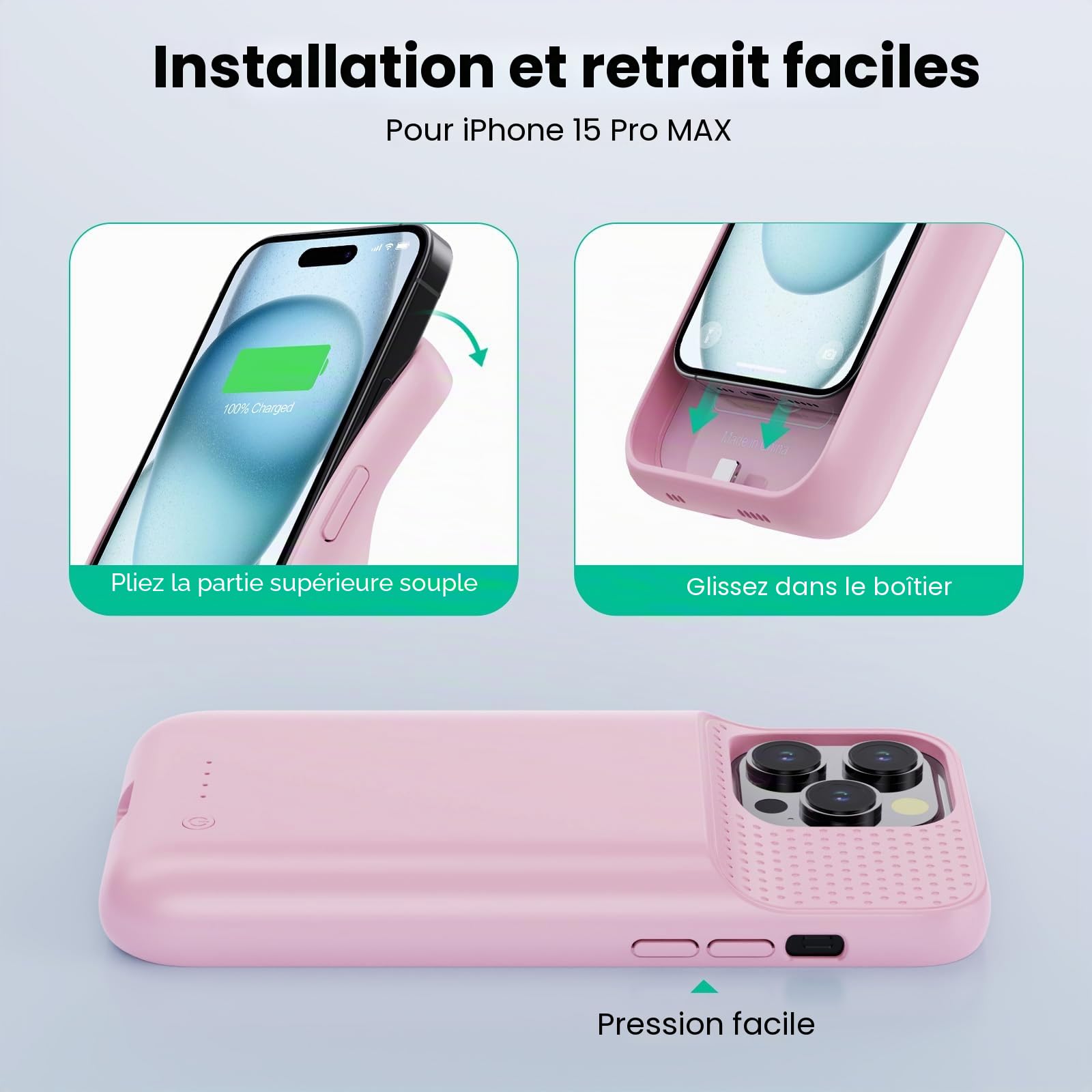 Feob Coque Batterie pour iPhone 15 Pro Max【Charge Rapide 15W & Puissant 8600mAh】 Coque Rechargeable Batterie Externe Chargeur Portable Coques d'alimentation pour iPhone 15 Pro Max (6,7 Pouces) - Rose