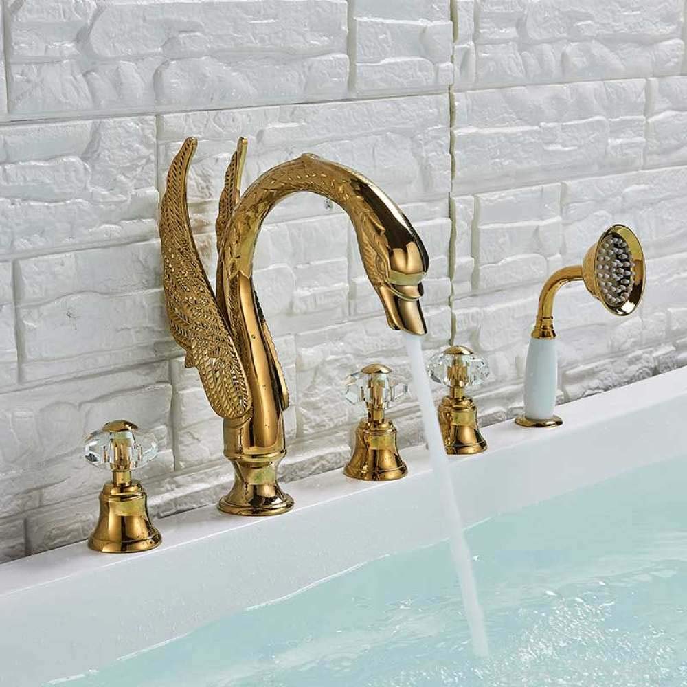 SnamicE Widespread Bathtub Faucet Golden Tub Mixer Tap Deck Mounted 3 Handle Bath Shower Set with Pull Out Handshower Head,Faucet,Faucet a