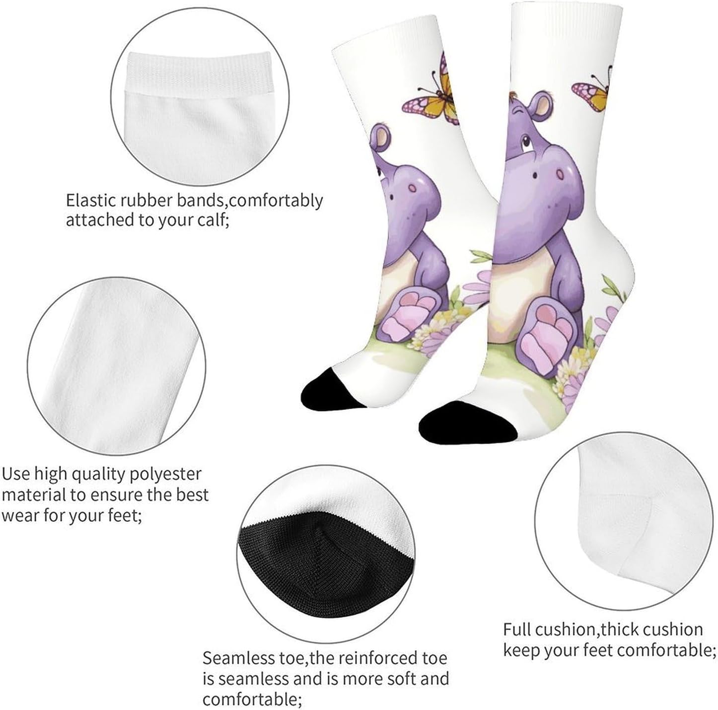 Breathable Sports Socks, Moisture Wicking, Lightweight Crew Socks | Butterfly And Hippo Athletic Calf Socks for Women Men, Casual, Anti-Slip, Multifunctional Work Socks